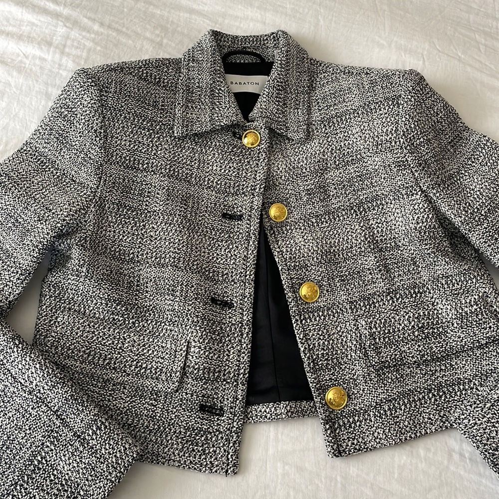 Babaton tweed crop jacket with gold buttons. Like new, never been worn. Small.